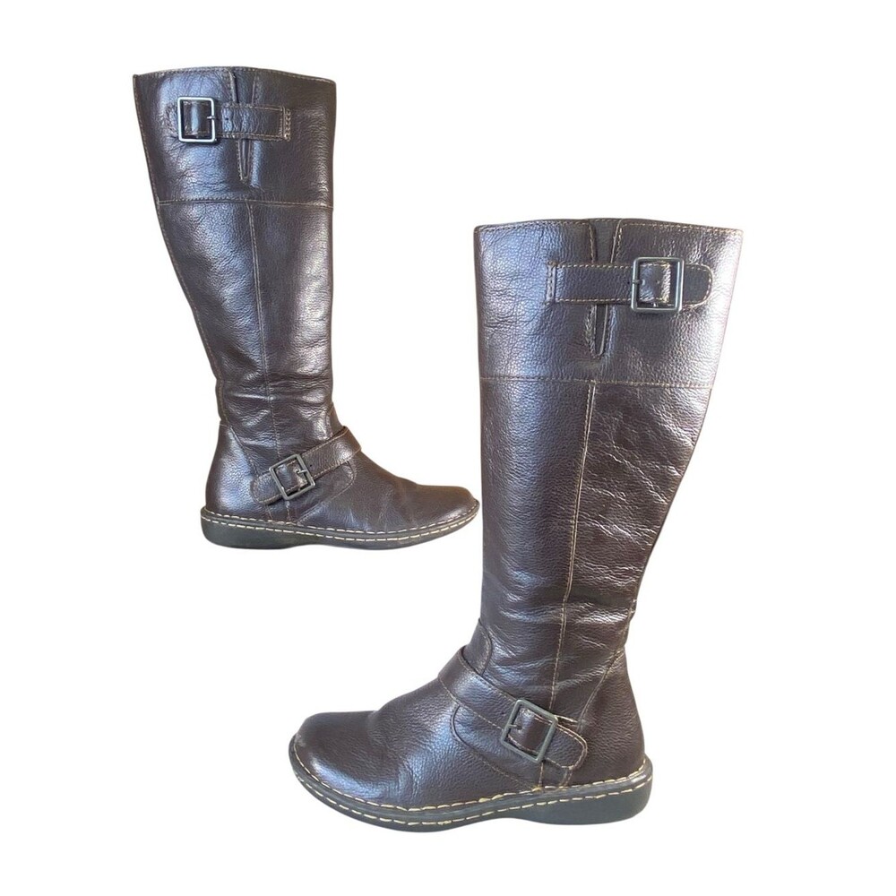 Cabela's Knee High Riding Boots Brown Pebbled Leather Buckle Detail Women SZ 7.5
